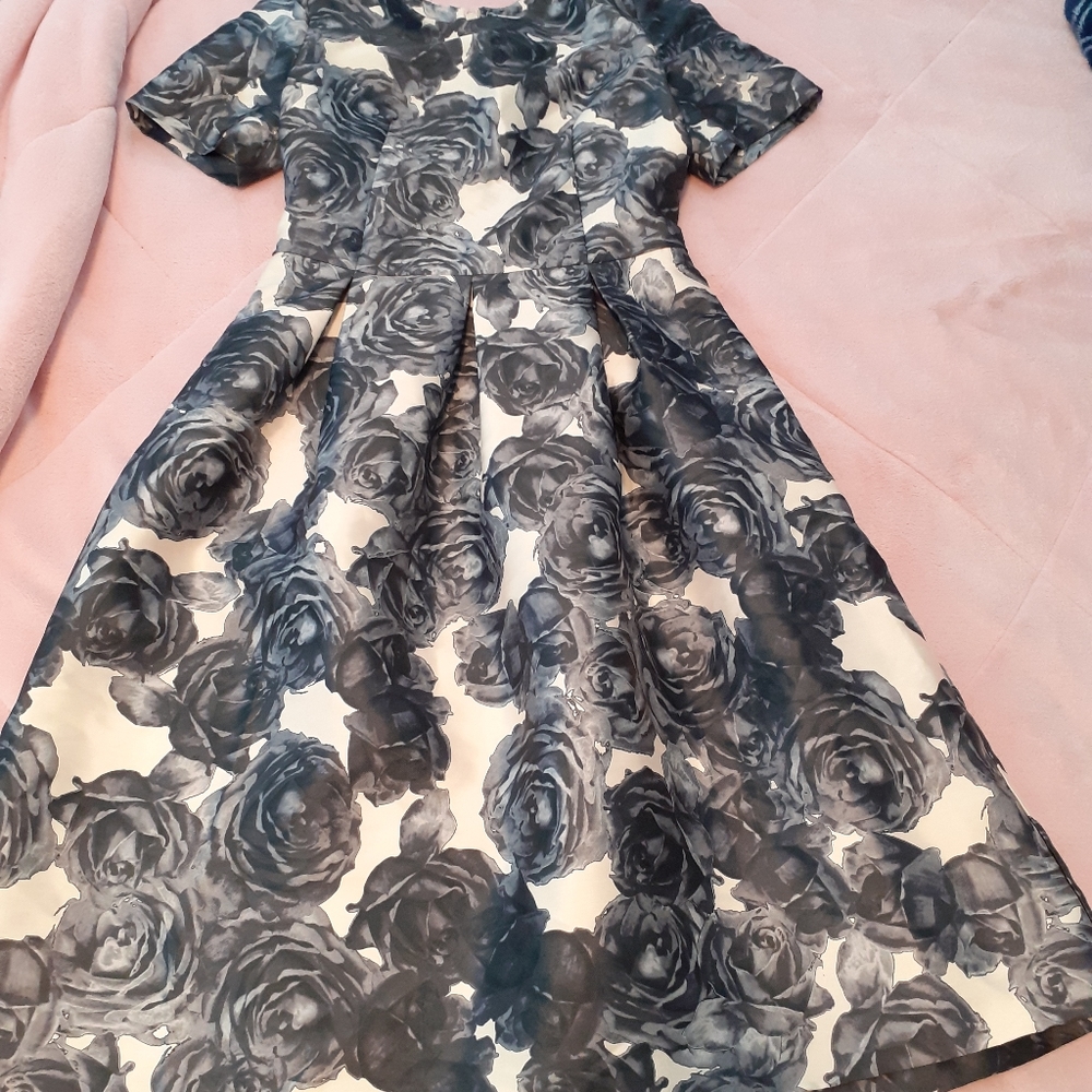 Lord & Taylor Cream and Gray Formal Dress